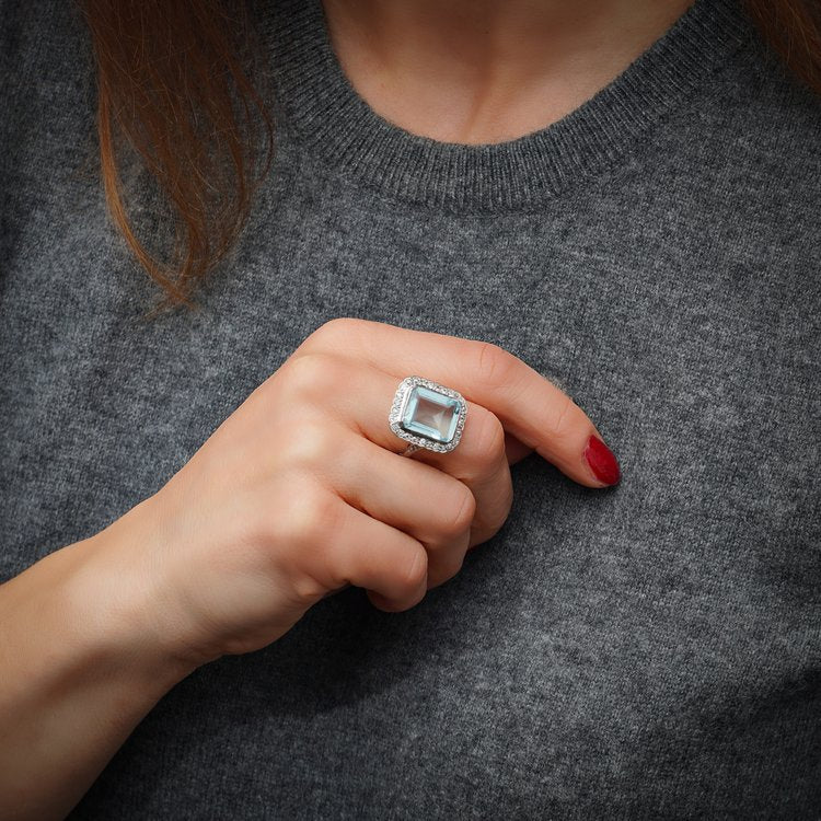 Antique Edwardian 5.5ct Aquamarine and Diamond Cluster Ring