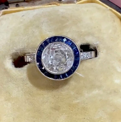 Art Deco 1.23ct Old Mine Cut Diamond and Calibre Sapphire Target Ring in Platinum