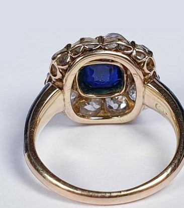 Antique Sapphire and Diamond Cluster Ring with Enamel