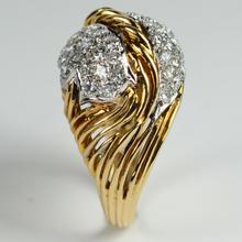 Vintage 1950s Diamond and 18ct Yellow Gold Leaf Design Bombe Ring; wirework strands of golden grass supporting a pavé set diamond leaf with a twisted gold central vein, 1.50 carats