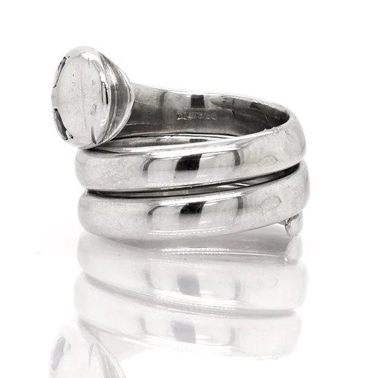 Vintage White Gold Coiled Snake Ring with Sapphire Eyes