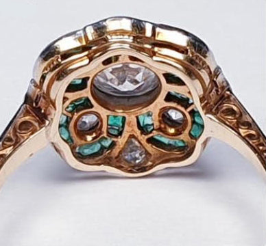 Antique Edwardian Emerald and Diamond Floral Cluster Dress Engagement Ring