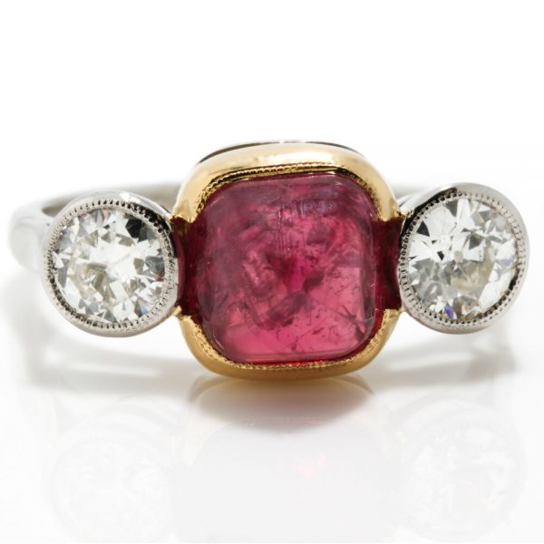 Art Deco Natural Cabochon Ruby and Diamond Trilogy Ring, 4.52 carats