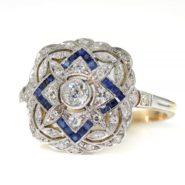 Art Deco Sapphire and Old Cut Diamond Cluster Dress Ring
