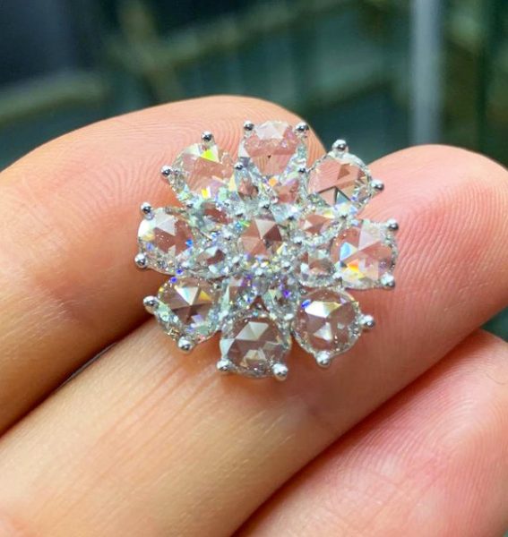 Rose Cut Diamond Flower Stud Earrings, 5.83 carat total, 18ct White Gold