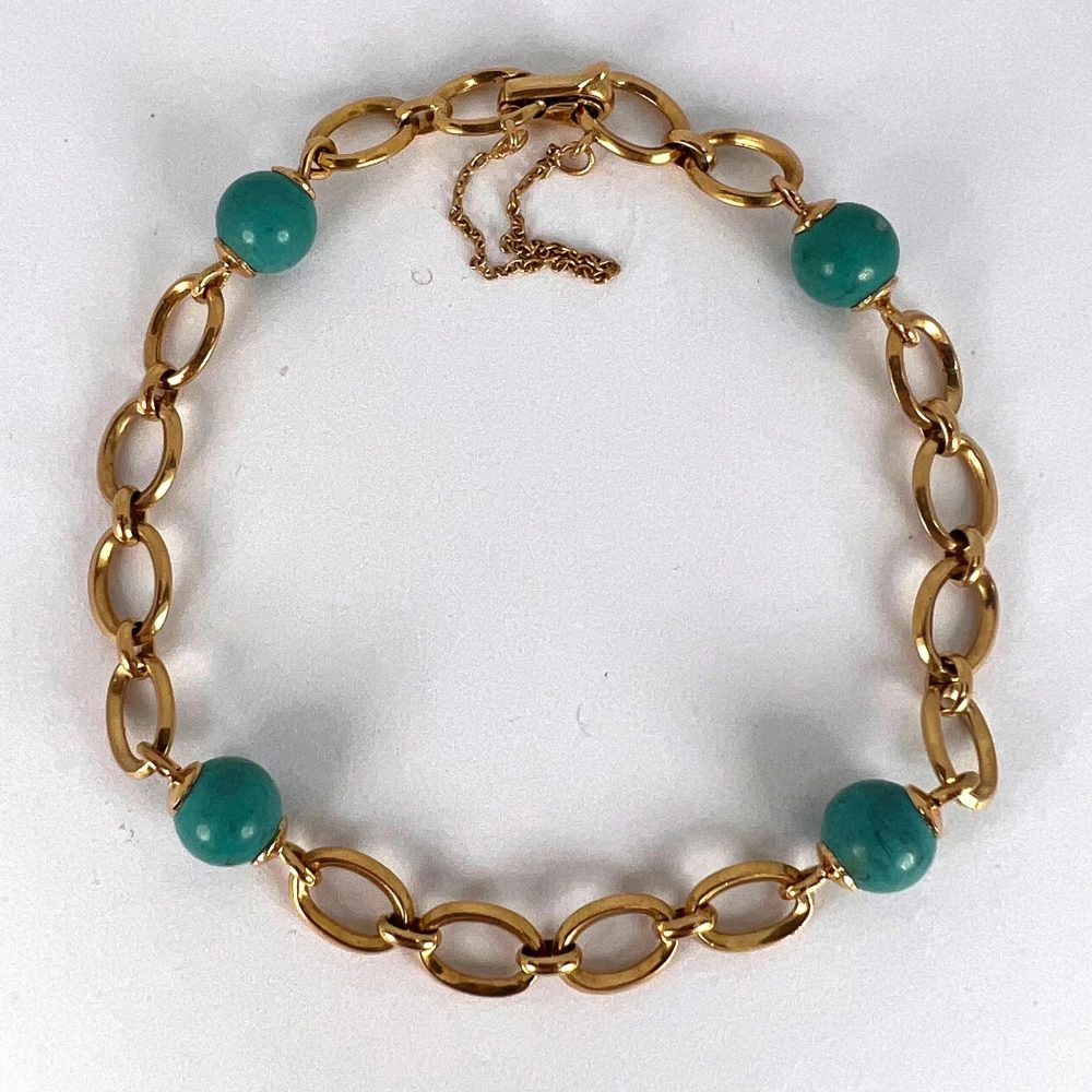 Turquoise Bead and 18ct Yellow Gold Link Chain Bracelet