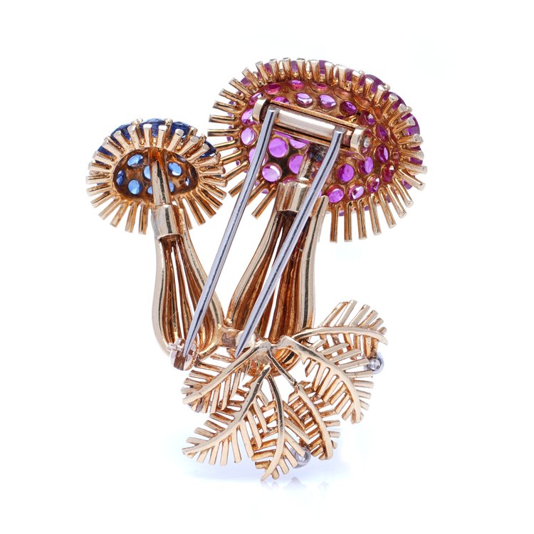Vintage 18ct Yellow Gold Mushroom Brooch with Rubies and Sapphires