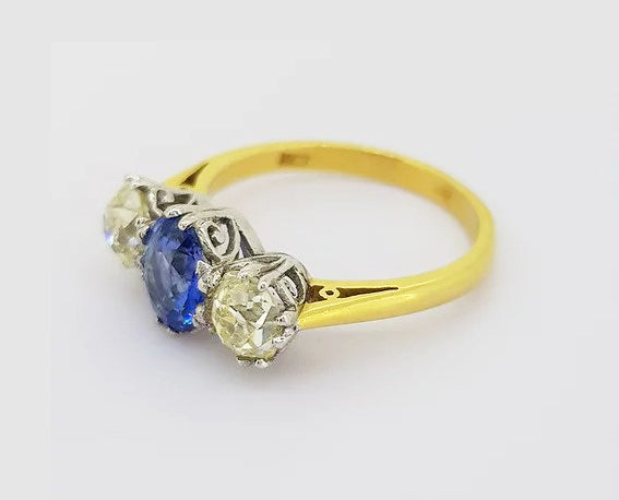 1.20ct Sapphire and 1.35ct Diamond Three Stone Ring, 18ct yellow and white gold