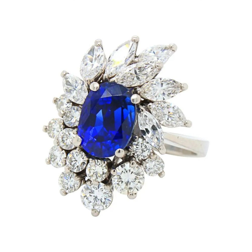 Vintage Certified Natural Royal Blue No Heat Burma Sapphire and Diamond Cluster Ring