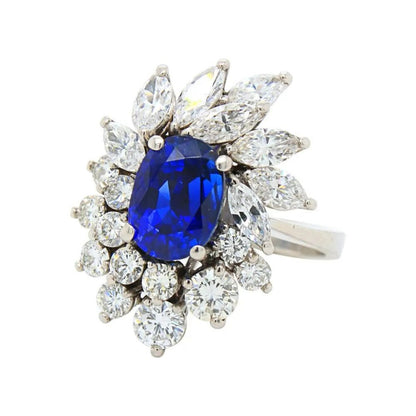 Vintage Certified Natural Royal Blue No Heat Burma Sapphire and Diamond Cluster Ring