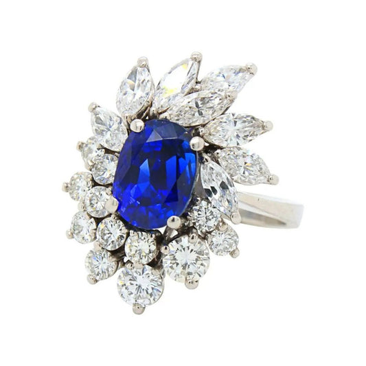 Vintage Certified Natural Royal Blue No Heat Burma Sapphire and Diamond Cluster Ring