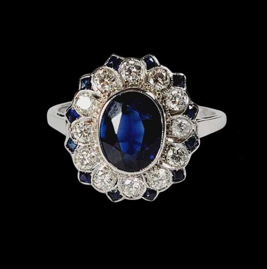 Art Deco 1.85ct Sapphire and Diamond Floral Cluster Ring