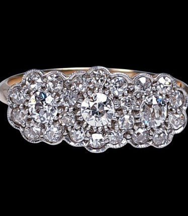 Antique Edwardian Triple Cluster Old Cut Diamond Ring
