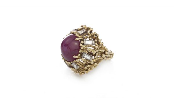 Vintage 4ct Cabochon Burmese Ruby, Diamond and 18ct Gold Cocktail Ring, Circa 1950-1970