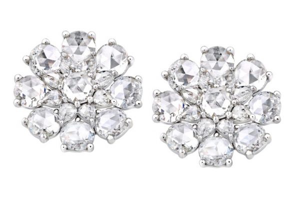 Rose Cut Diamond Flower Stud Earrings, 5.83 carat total, 18ct White Gold