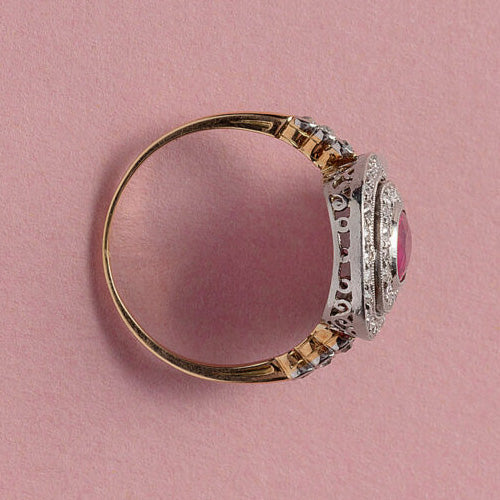 Antique Edwardian Burma Ruby and Double Diamond Cluster Ring