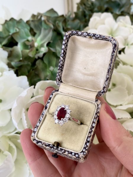 1.01ct Burma Ruby and Diamond Cluster Ring in 18ct White Gold. No heat treatment