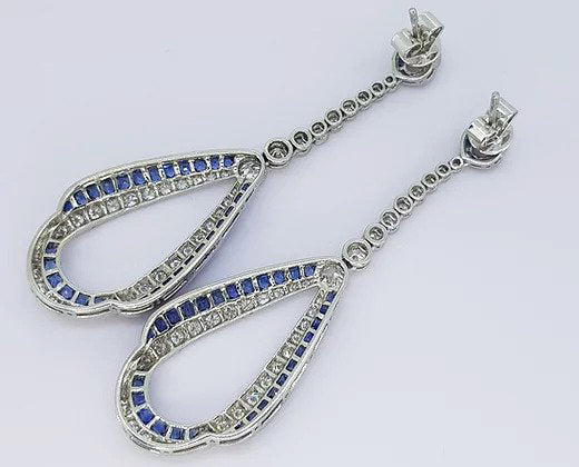 Pair of Contemporary Sapphire, Diamond and Platinum Drop Earrings