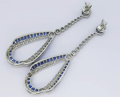 Pair of Contemporary Sapphire, Diamond and Platinum Drop Earrings