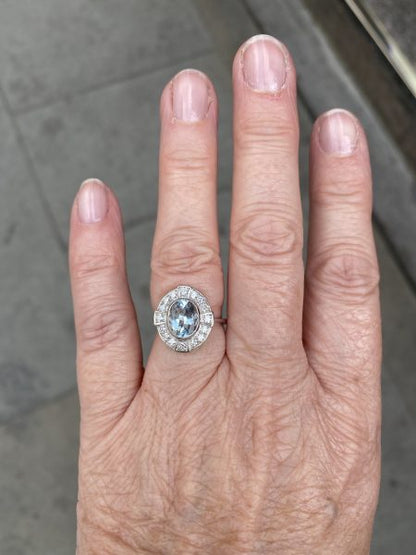 Aquamarine and Diamond Oval Cluster Ring in Platinum