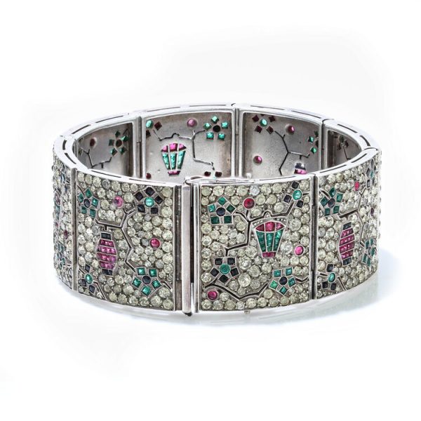 Art Deco Silver Panel Bracelet with Rubies, Emeralds, Sapphires and Paste
