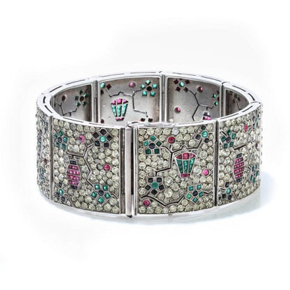 Art Deco Silver Panel Bracelet with Rubies, Emeralds, Sapphires and Paste