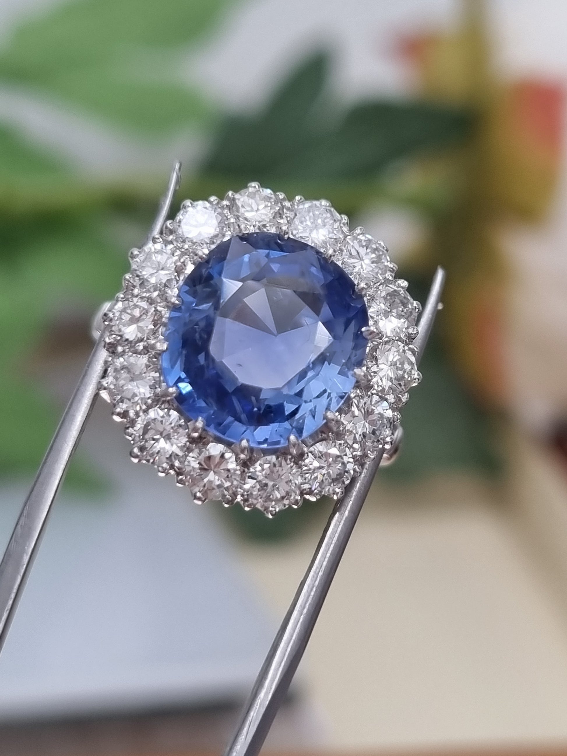 Natural Cornflower Ceylon Sapphire and Diamond Cluster Ring