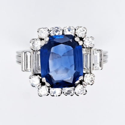 Vintage 3ct Natural Ceylon Sapphire and Diamond Cluster Engagement Ring in Platinum Circa 1940
