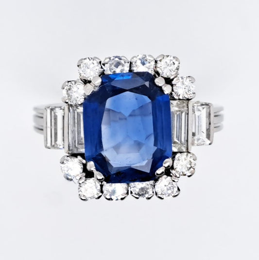 Vintage 3ct Natural Ceylon Sapphire and Diamond Cluster Engagement Ring in Platinum Circa 1940