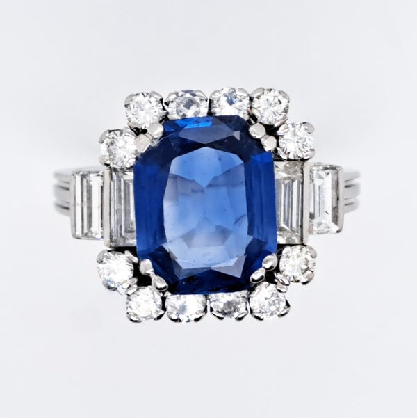Vintage 3ct Natural Ceylon Sapphire and Diamond Cluster Engagement Ring in Platinum Circa 1940