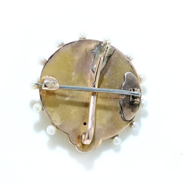 Art Nouveau Gold and Enamel Brooch with Diamonds and Natural Pearls