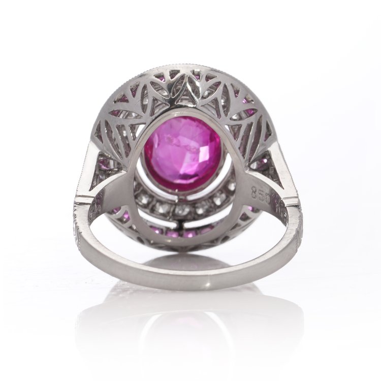 1.66ct Oval Ruby and Diamond Double Cluster Dress Ring in Platinum