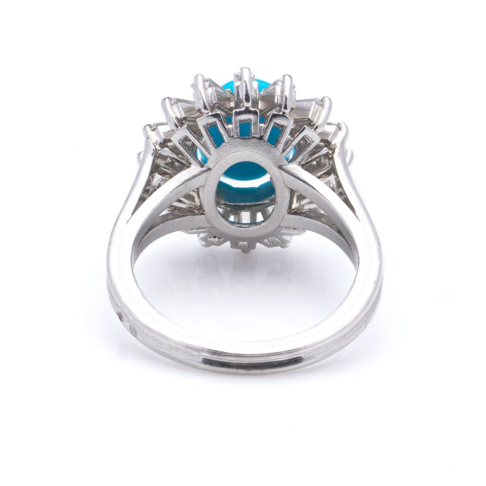 Vintage 2ct Cabochon Turquoise and Baguette Diamond Cluster Ring in Platinum