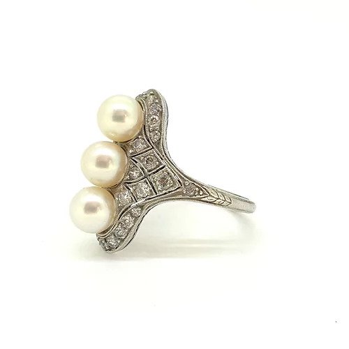 Art Deco Pearl and Diamond Platinum Dress Ring by J E Caldwell and Co