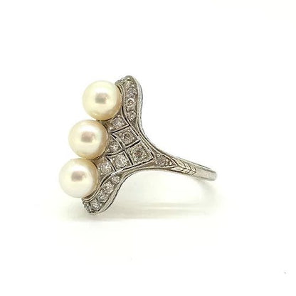 Art Deco Pearl and Diamond Platinum Dress Ring by J E Caldwell and Co