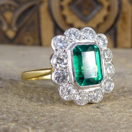 Emerald-Cut Emerald and Diamond Floral Cluster Ring, 2.75cts, 18ct Gold