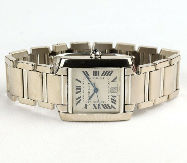 Cartier Gents Tank Française 18ct White Gold 28mm Automatic Rectangular Watch, silver guilloche dial, black Roman numerals, date aperture at 6, sapphire crystal glass, cabochon blue gem set crown, on Cartier 18ct bracelet with hidden double deployment clasp. With Cartier booklet and certificate dated 2006.