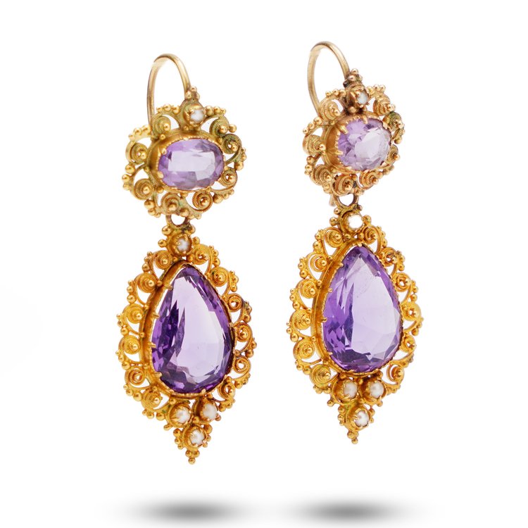 Antique Ornate Amethyst and 18ct Gold Drop Earrings