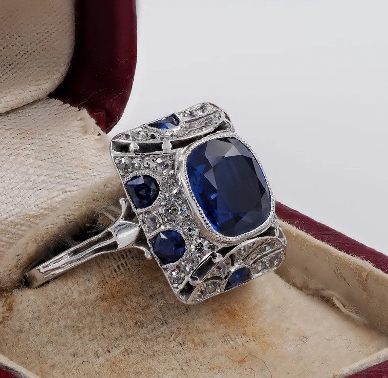 Art Deco French Burma Sapphire and Diamond Cocktail Ring in Platinum