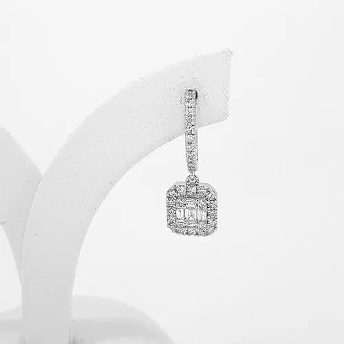 Baguette Cut Diamond Cluster Drop Earrings; baguette-cut diamond clusters, surrounded by diamond halos, and suspended from diamond set drops, 0.66 carat total, in 18ct white gold