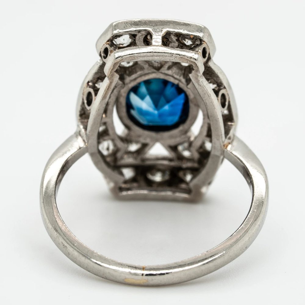 Late Art Deco 1ct Sapphire and 1.50ct Old Mine Cut Diamond Tablet Ring