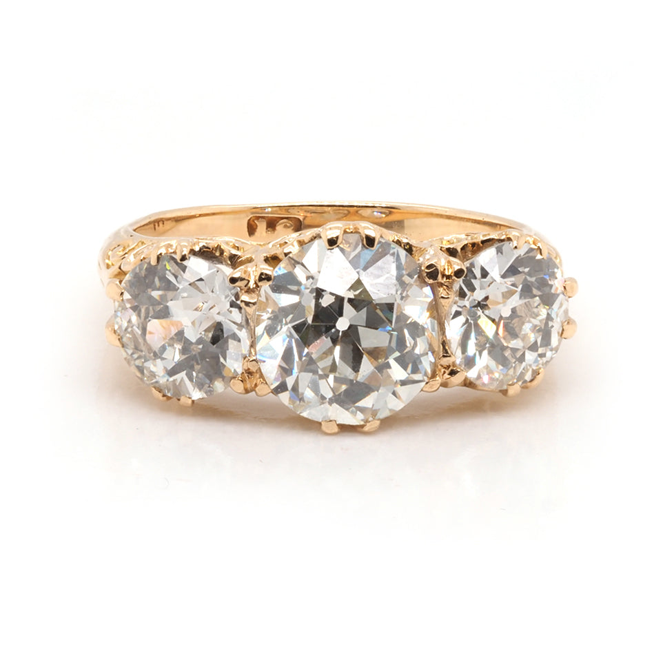 Victorian Three Stone Old Mine Cut 4.57 Carat Diamond Ring In 18 Carat Yellow Gold