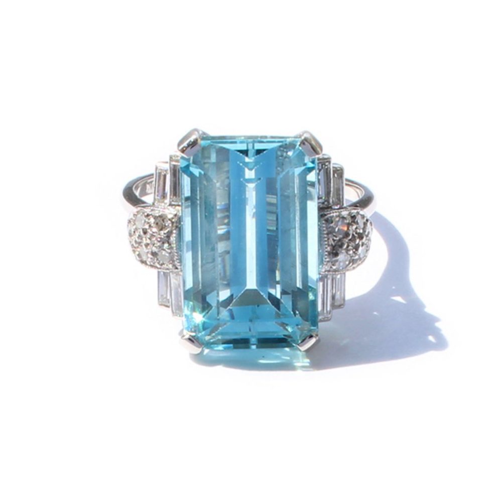 Antique Art Deco Platinum, Aquamarine & Diamond Ring
