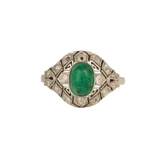 Antique Cabochon Emerald & Diamond Domed Ring