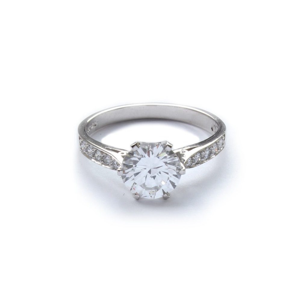 Platinum Single Stone Diamond Ring With Diamond Shoulders