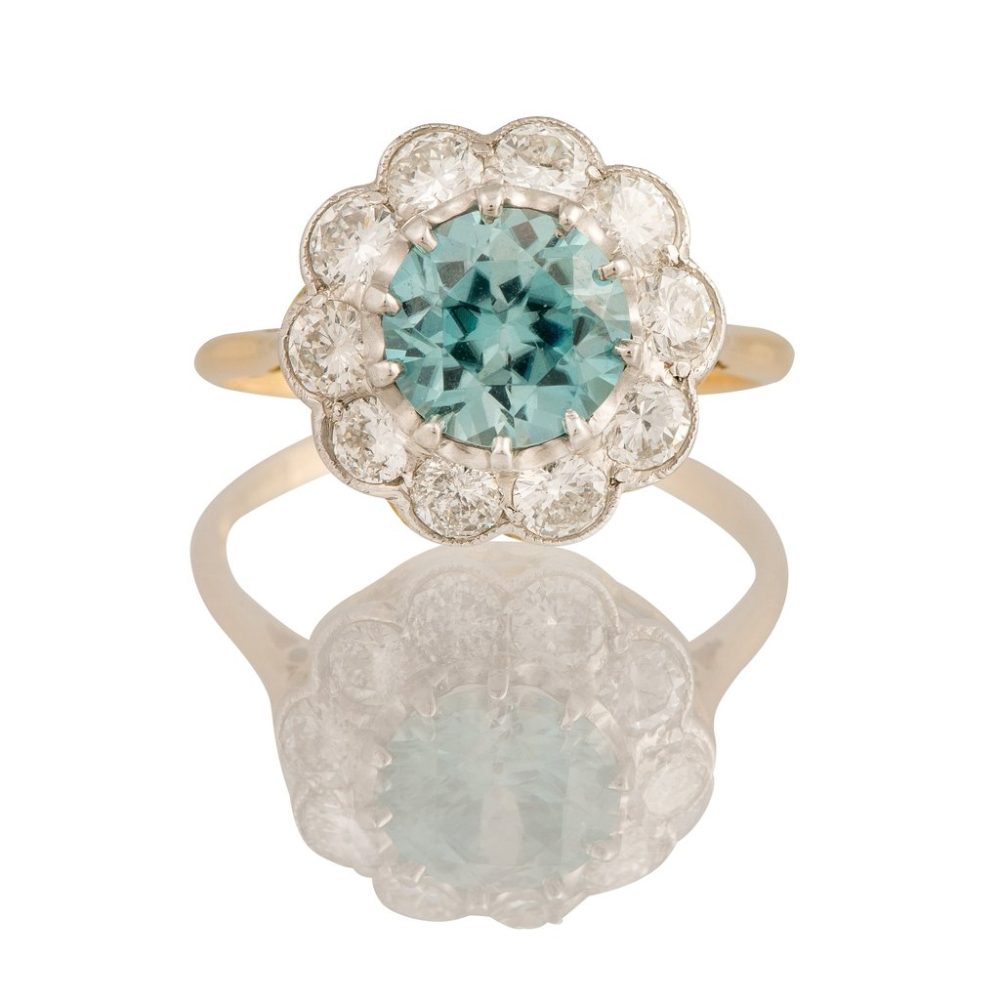 Antique Art Deco Blue Zircon Diamond Cluster Ring
