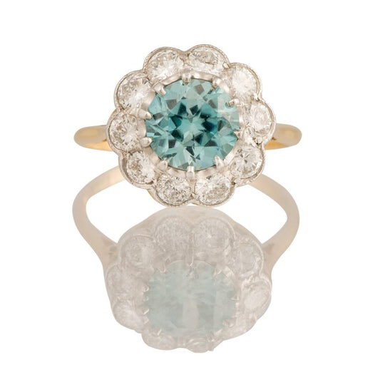 Antique Art Deco Blue Zircon Diamond Cluster Ring
