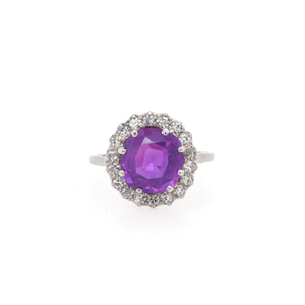 4.39 Carat Purple Sapphire And Diamond Cluster Ring In Platinum