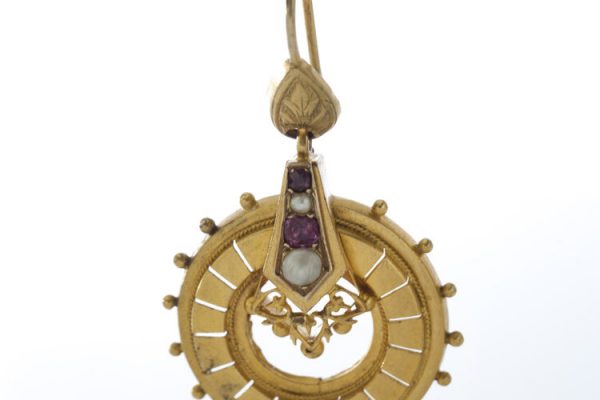 Antique Victorian 15ct Yellow Gold, Pearl and Ruby Drop Earrings