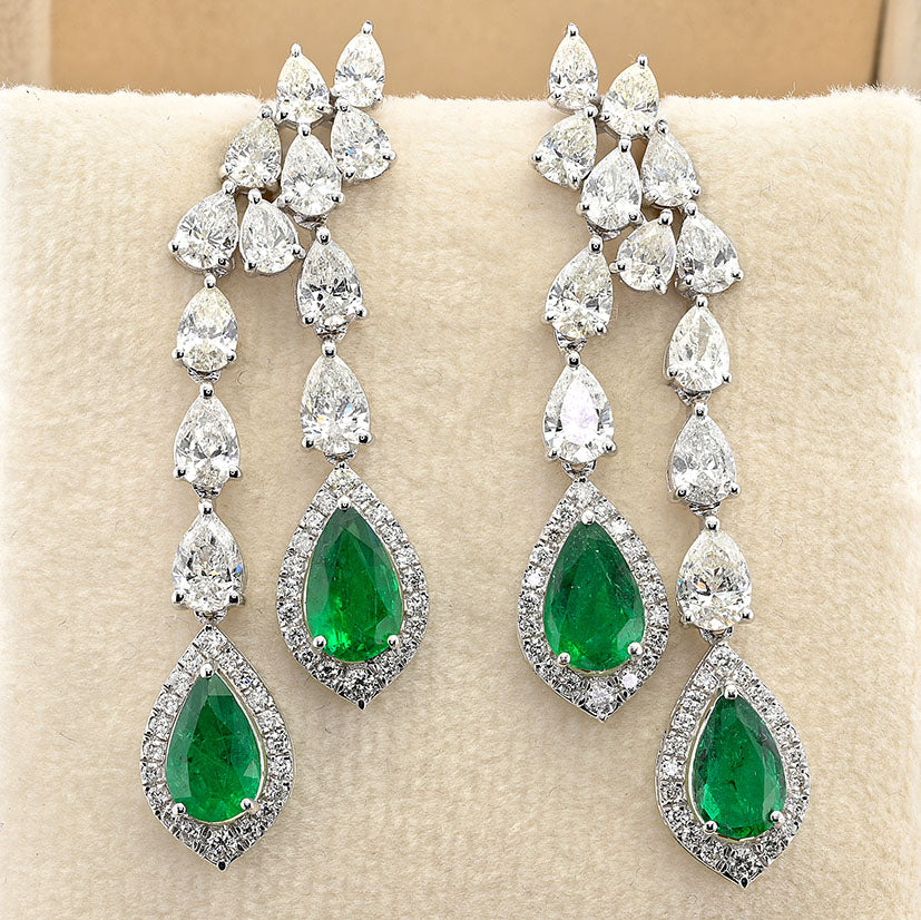 Pear Cut 2.92ct Emerald and 5ct Diamond Drop Earrings